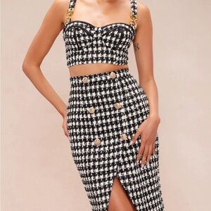 Black and White Houndstooth Midi Pencil Skirt